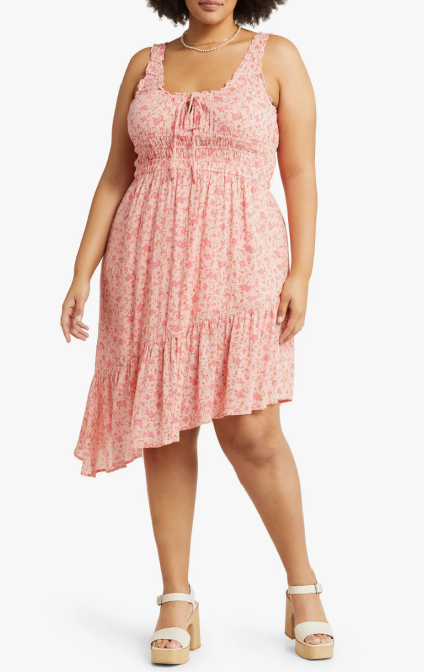 BP Pink Floral Print Tiered Smocked Ruffle Midi Dress Size L Asymmetric Hem